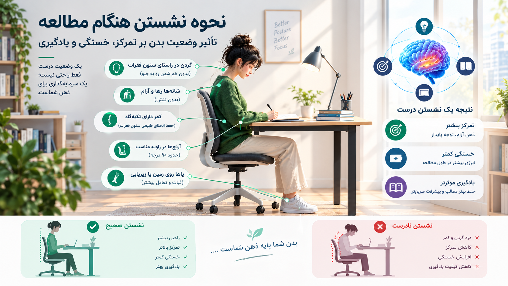نحوه نشستن هنگام مطالعه؛ تأثیر وضعیت بدن بر تمرکز