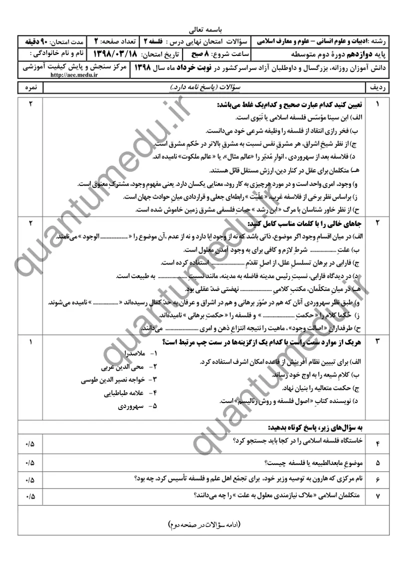 صفحهی اول سوالات امتحان نهایی فلسفه ۲ دوازدهم رشته انسانی خرداد ۱۳۹۸ با پاسخنامه