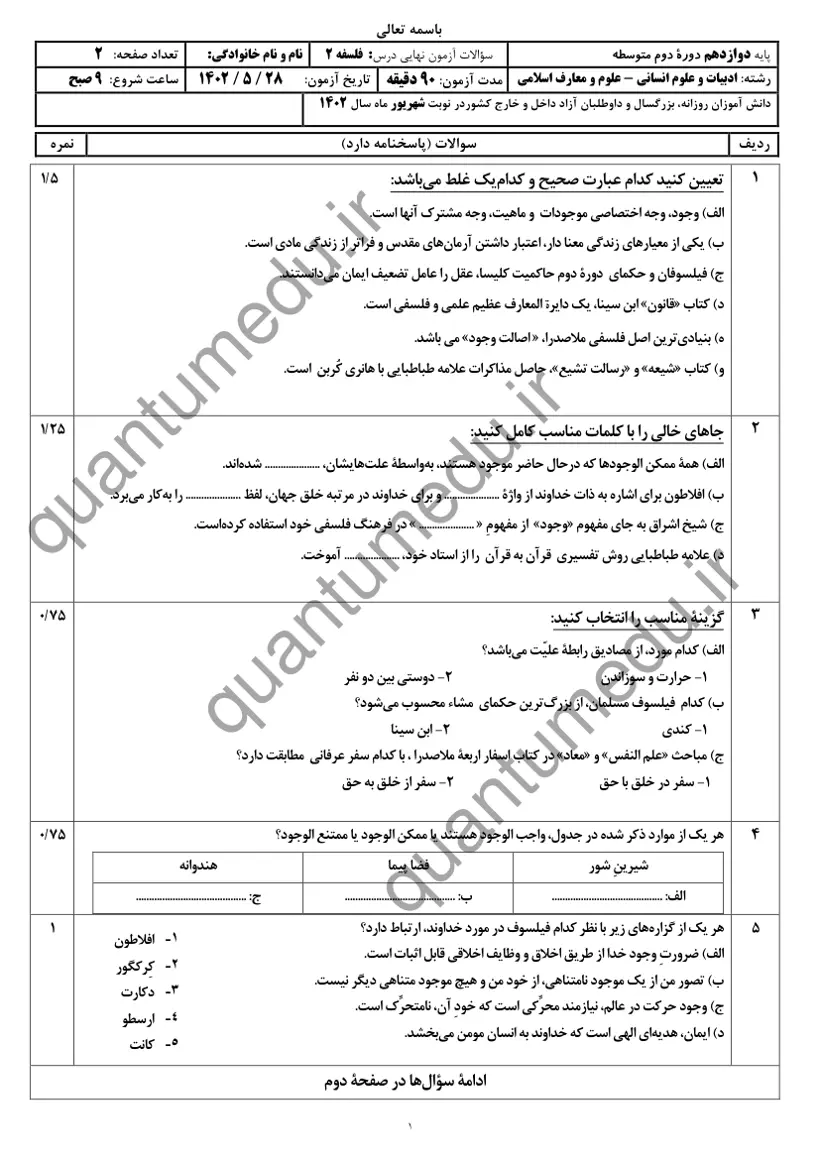 صفحهی اول سوالات امتحان نهایی فلسفه ۲ دوازدهم رشته انسانی شهریور ۱۴۰۲ با پاسخنامه