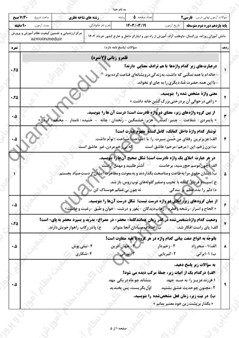 صفحهی اول سوالات امتحان نهایی فارسی ۲ یازدهم رشته انسانی خرداد ۱۴۰۳ با پاسخنامه