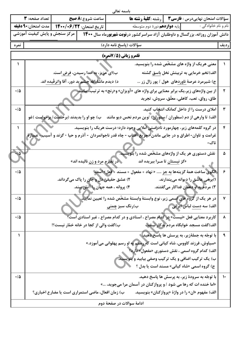صفحهی اول سوالات امتحان نهایی فارسی ۳ دوازدهم رشته انسانی شهریور ۱۴۰۰ با پاسخنامه