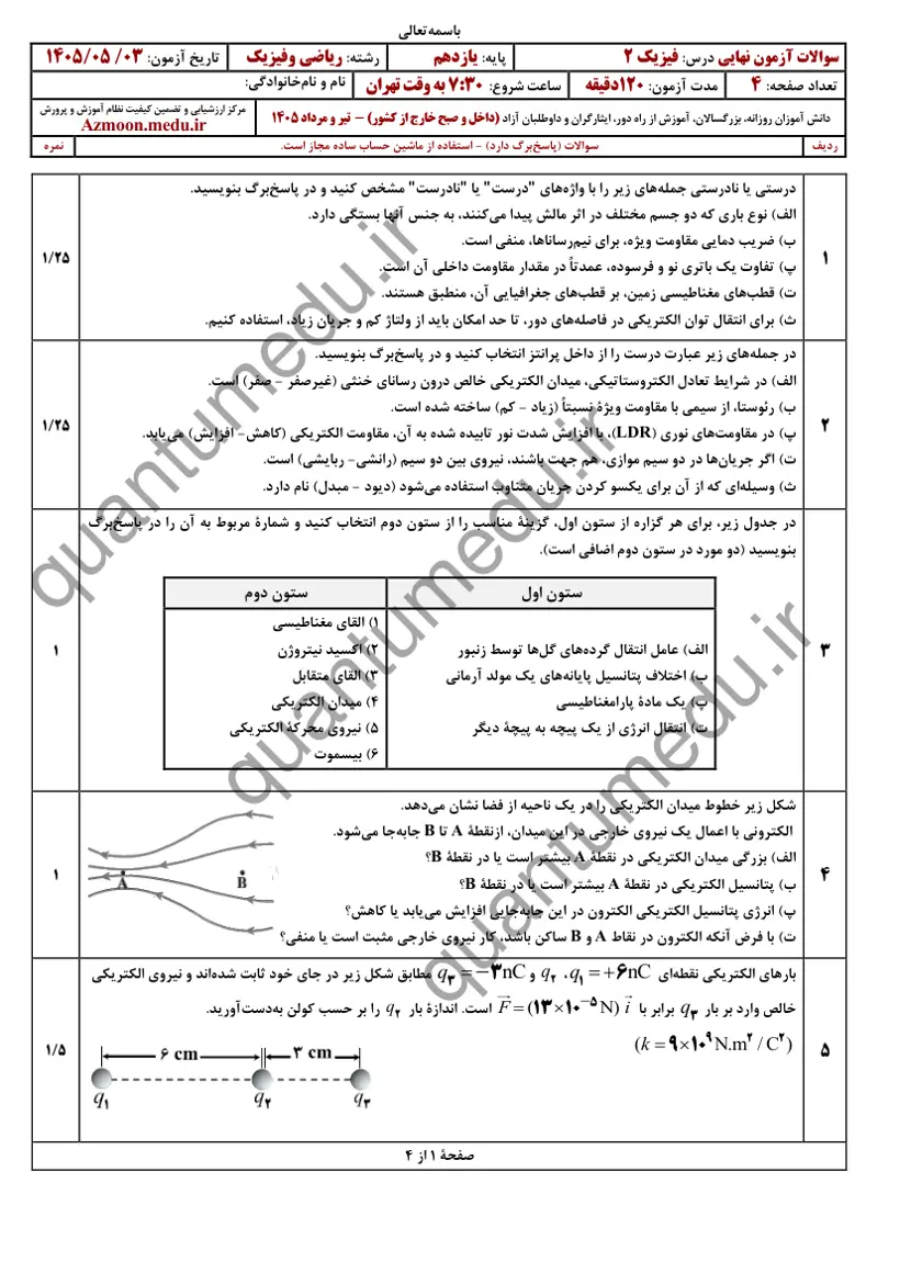 صفحهی اول سوالات امتحان نهایی فیزیک ۲ یازدهم رشته ریاضی تیر ۱۴۰۵ با پاسخنامه