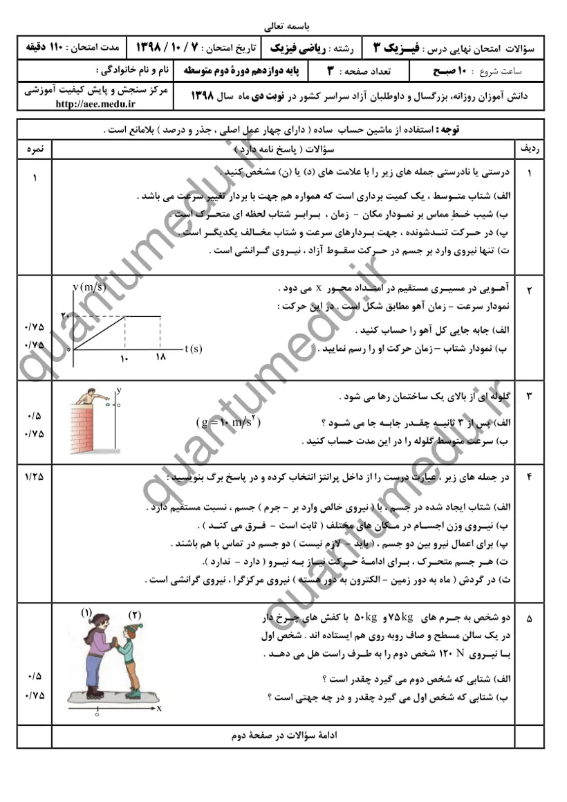 صفحه‌ی اول سوالات امتحان نهایی فیزیک ۳ دوازدهم رشته ریاضی دی ۱۳۹۸ با پاسخنامه