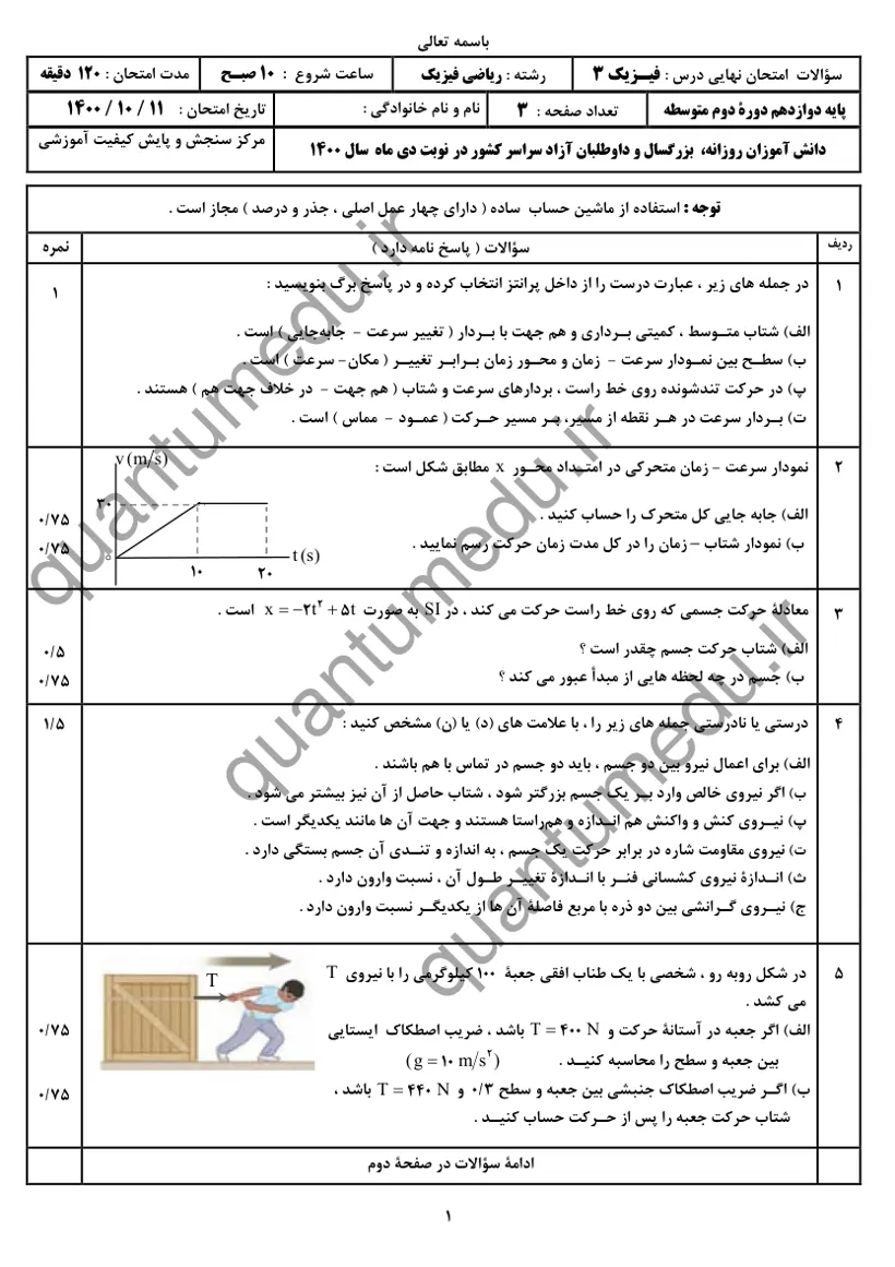 صفحه‌ی اول سوالات امتحان نهایی فیزیک ۳ دوازدهم رشته ریاضی دی ۱۴۰۰ با پاسخنامه