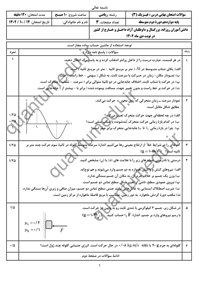 صفحهی اول سوالات امتحان نهایی فیزیک ۳ دوازدهم رشته ریاضی دی ۱۴۰۲ با پاسخنامه