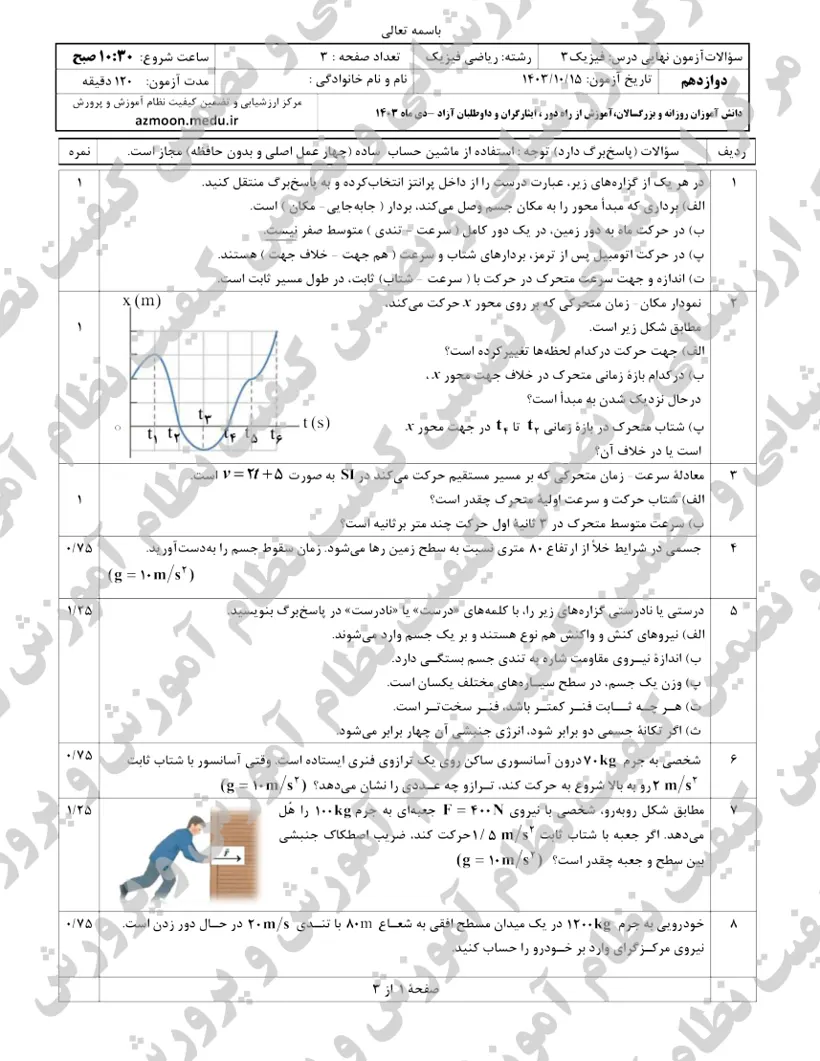 صفحه‌ی اول سوالات امتحان نهایی فیزیک ۳ دوازدهم رشته ریاضی دی ۱۴۰۳ با پاسخنامه