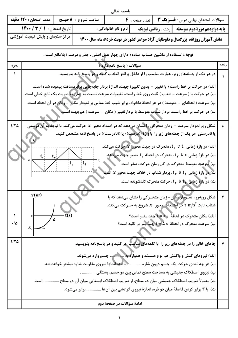 صفحه‌ی اول سوالات امتحان نهایی فیزیک ۳ دوازدهم رشته ریاضی خرداد ۱۴۰۰ با پاسخنامه