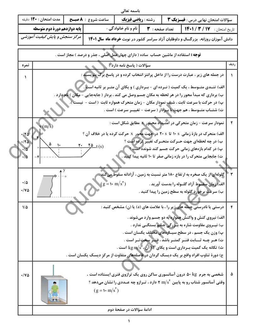 صفحه‌ی اول سوالات امتحان نهایی فیزیک ۳ دوازدهم رشته ریاضی خرداد ۱۴۰۱ با پاسخنامه