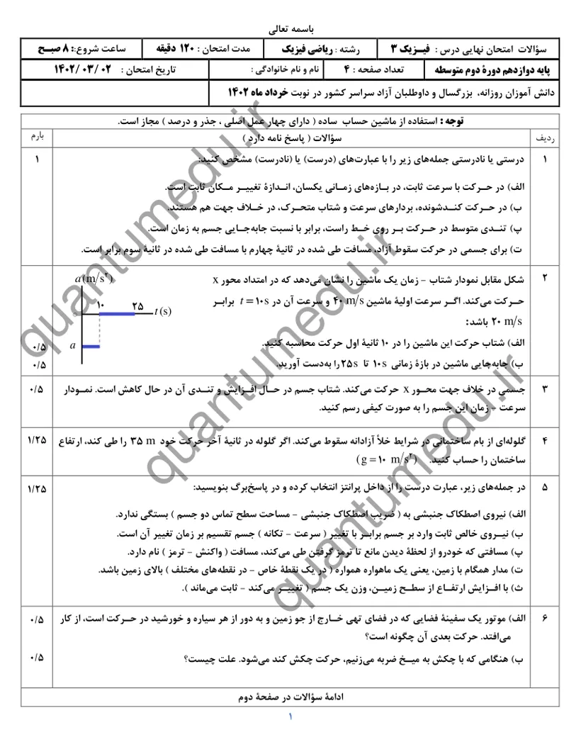 صفحهی اول سوالات امتحان نهایی فیزیک ۳ دوازدهم رشته ریاضی خرداد ۱۴۰۲ با پاسخنامه