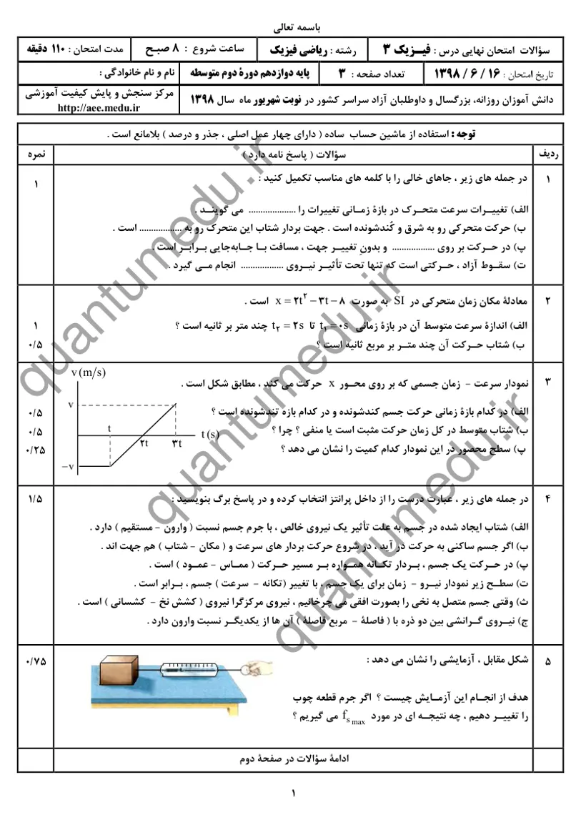 صفحهی اول سوالات امتحان نهایی فیزیک ۳ دوازدهم رشته ریاضی شهریور ۱۳۹۸ با پاسخنامه