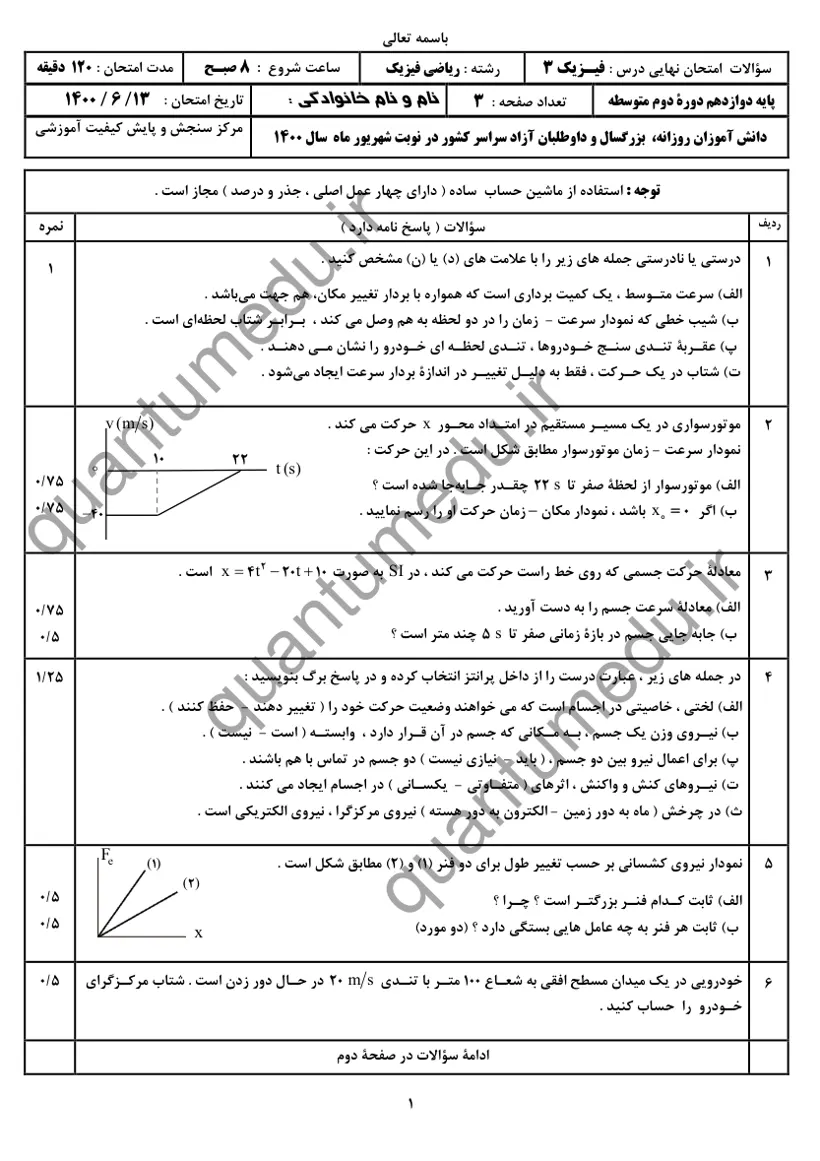 صفحهی اول سوالات امتحان نهایی فیزیک ۳ دوازدهم رشته ریاضی شهریور ۱۴۰۰ با پاسخنامه