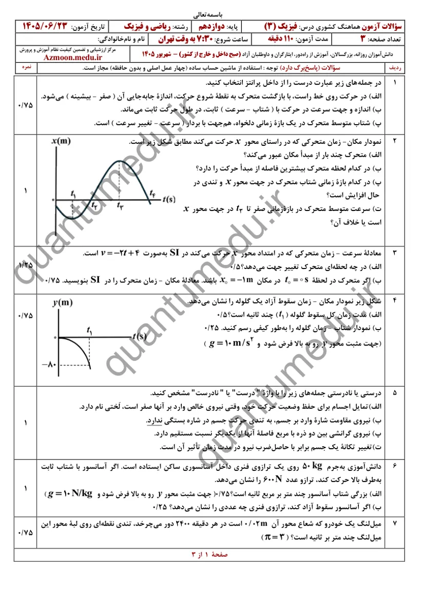 صفحهی اول سوالات امتحان نهایی فیزیک ۳ دوازدهم رشته ریاضی شهریور ۱۴۰۵ با پاسخنامه