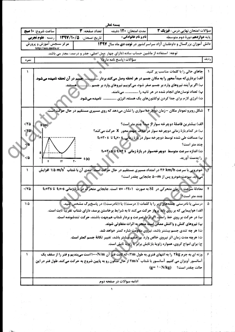 صفحهی اول سوالات امتحان نهایی فیزیک ۳ دوازدهم رشته تجربی دی ۱۳۹۷ با پاسخنامه