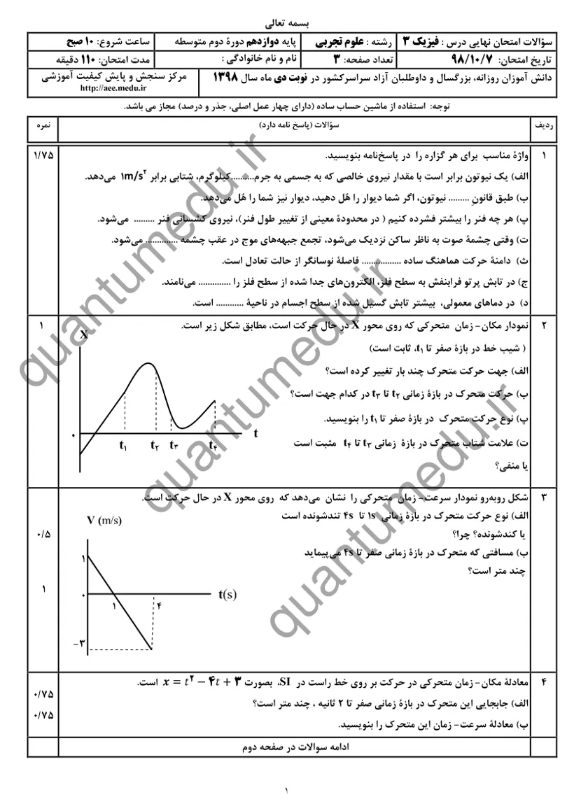صفحهی اول سوالات امتحان نهایی فیزیک ۳ دوازدهم رشته تجربی دی ۱۳۹۸ با پاسخنامه