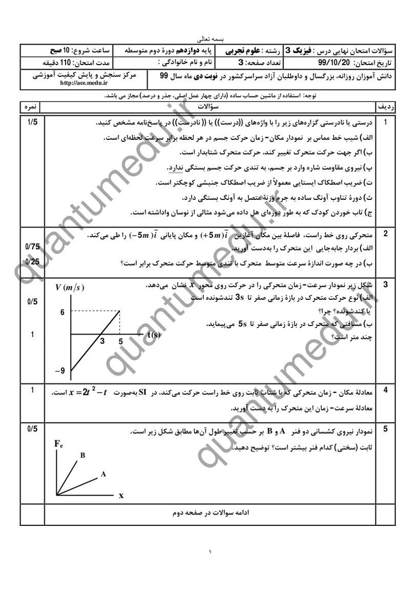صفحهی اول سوالات امتحان نهایی فیزیک ۳ دوازدهم رشته تجربی دی ۱۳۹۹ با پاسخنامه