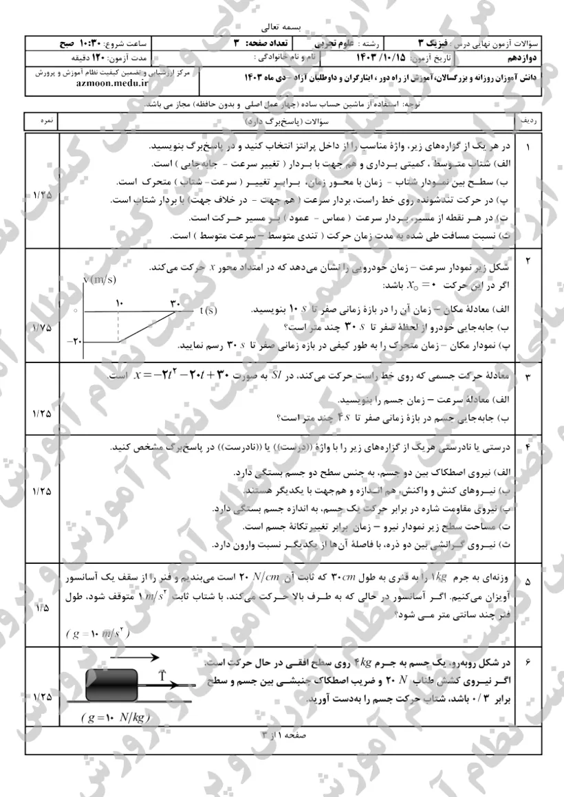 صفحه‌ی اول سوالات امتحان نهایی فیزیک ۳ دوازدهم رشته تجربی دی ۱۴۰۳ با پاسخنامه