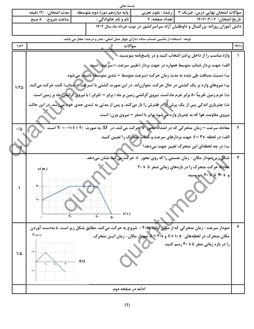 صفحهی اول سوالات امتحان نهایی فیزیک ۳ دوازدهم رشته تجربی خرداد ۱۴۰۲ با پاسخنامه