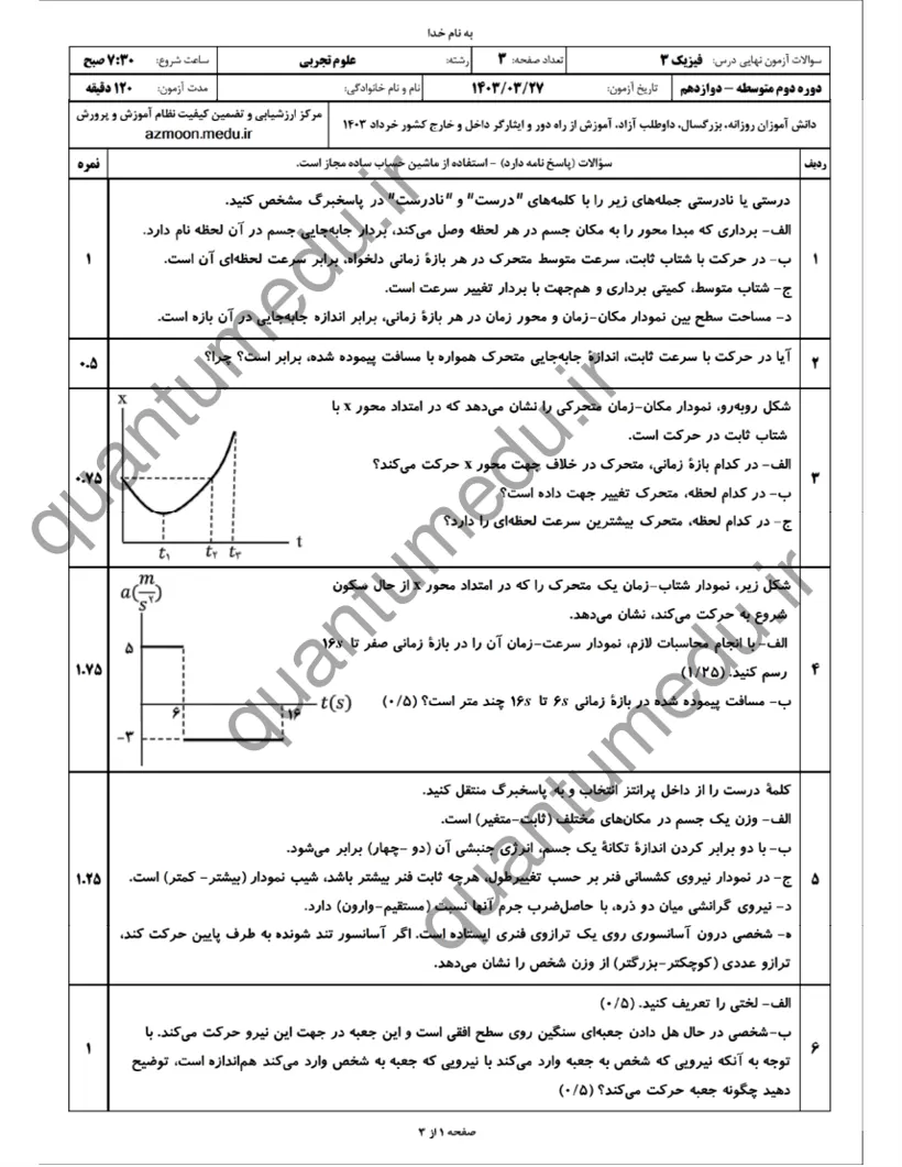 صفحهی اول سوالات امتحان نهایی فیزیک ۳ دوازدهم رشته تجربی خرداد ۱۴۰۳ با پاسخنامه