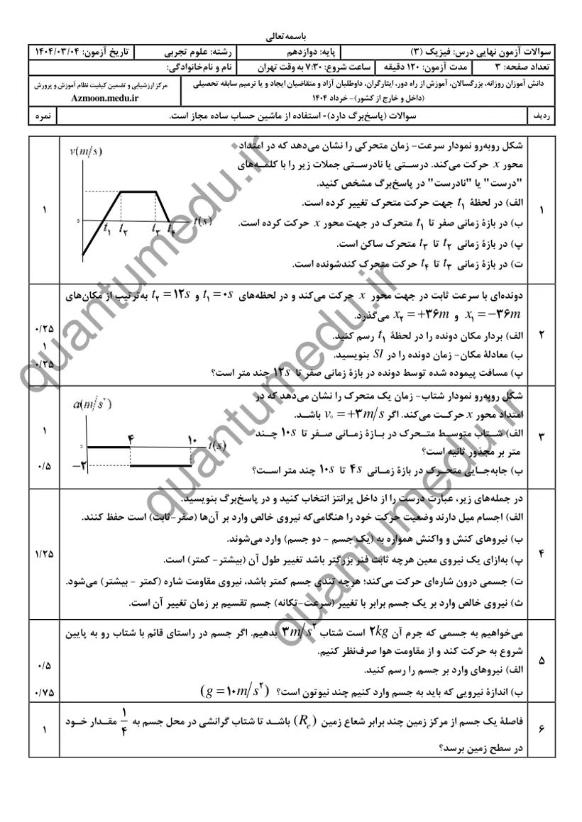 صفحه‌ی اول سوالات امتحان نهایی فیزیک ۳ دوازدهم رشته تجربی خرداد ۱۴۰۴ با پاسخنامه