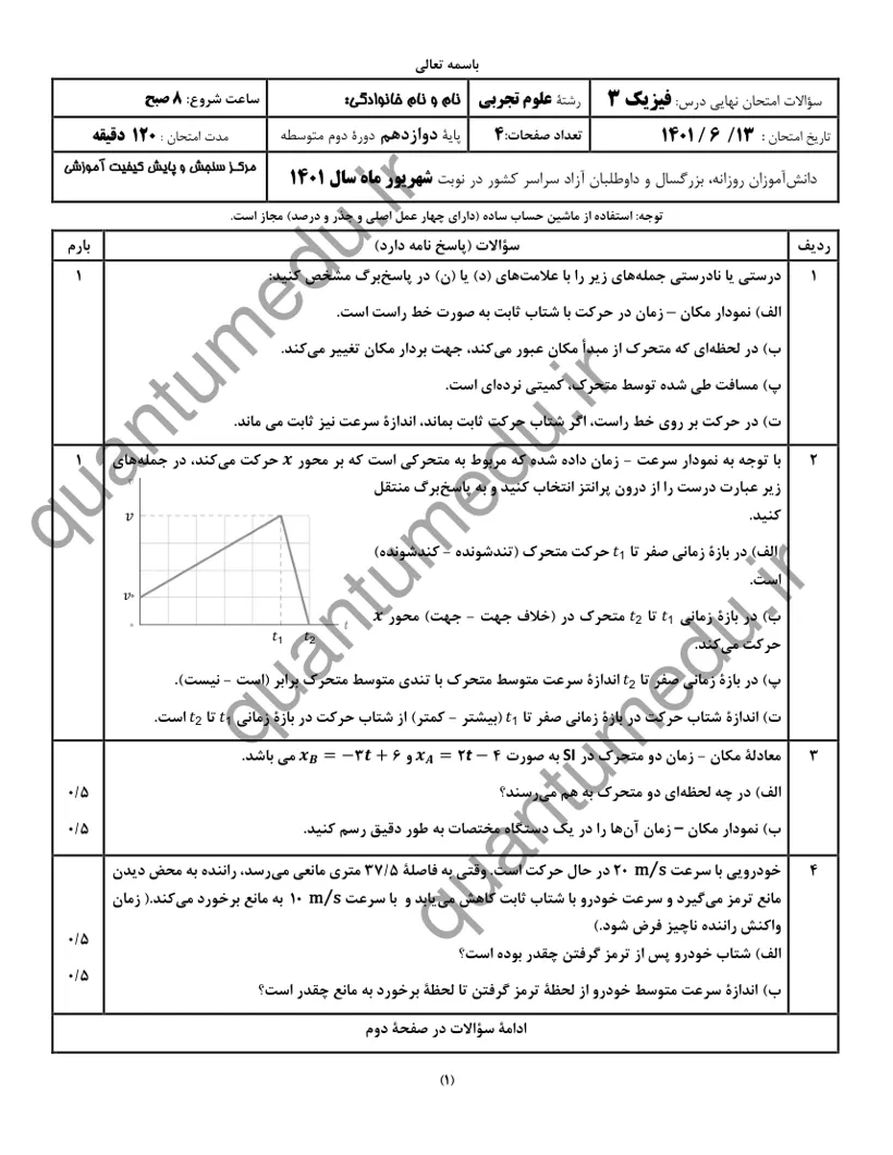 صفحهی اول سوالات امتحان نهایی فیزیک ۳ دوازدهم رشته تجربی شهریور ۱۴۰۱ با پاسخنامه