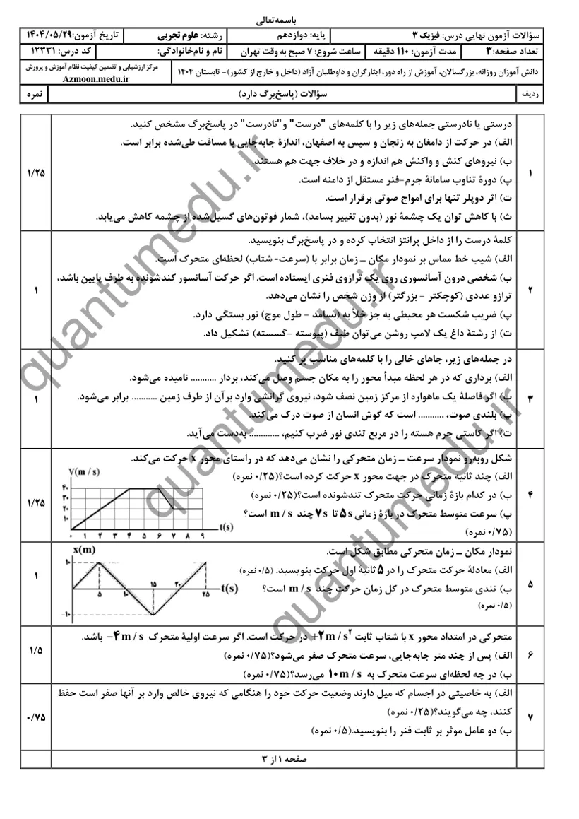 صفحهی اول سوالات امتحان نهایی فیزیک ۳ دوازدهم رشته تجربی شهریور ۱۴۰۴ با پاسخنامه