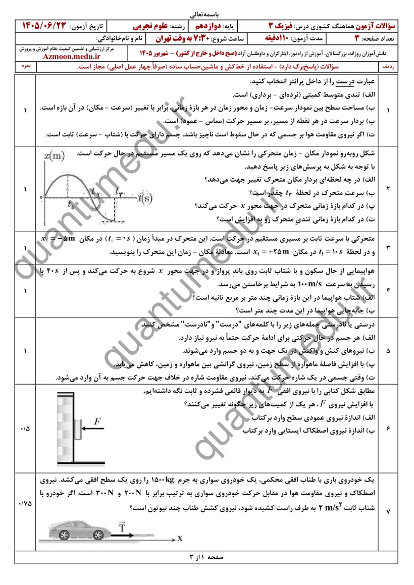 صفحهی اول سوالات امتحان نهایی فیزیک ۳ دوازدهم رشته تجربی شهریور ۱۴۰۵ با پاسخنامه