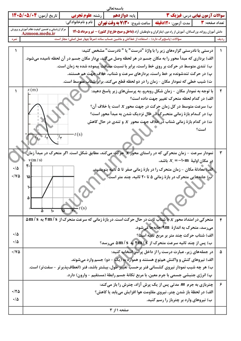 صفحهی اول سوالات امتحان نهایی فیزیک ۳ دوازدهم رشته تجربی تیر ۱۴۰۵ با پاسخنامه