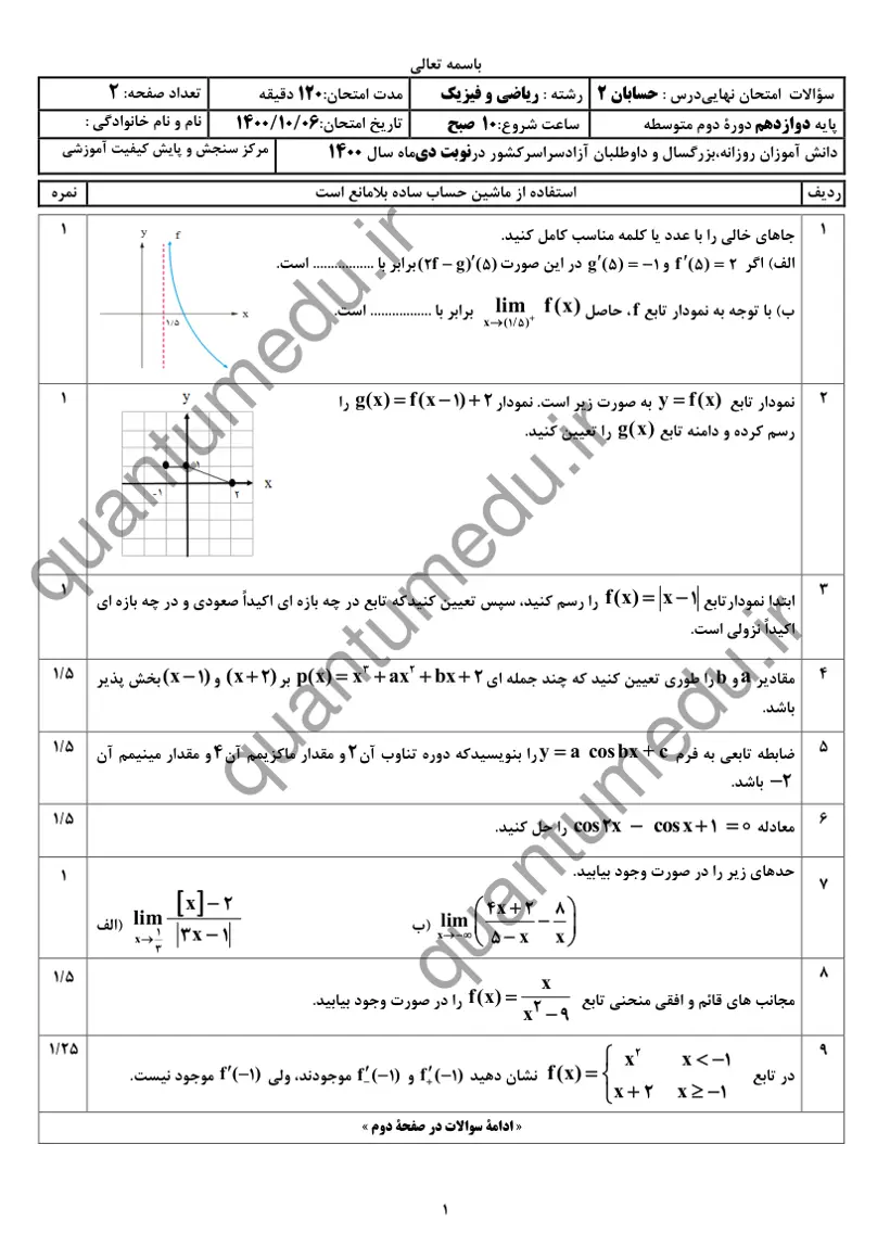 صفحه‌ی اول سوالات امتحان نهایی حسابان ۲ دوازدهم رشته ریاضی دی ۱۴۰۰ با پاسخنامه