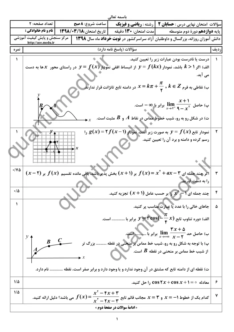صفحهی اول سوالات امتحان نهایی حسابان ۲ دوازدهم رشته ریاضی خرداد ۱۳۹۸ با پاسخنامه