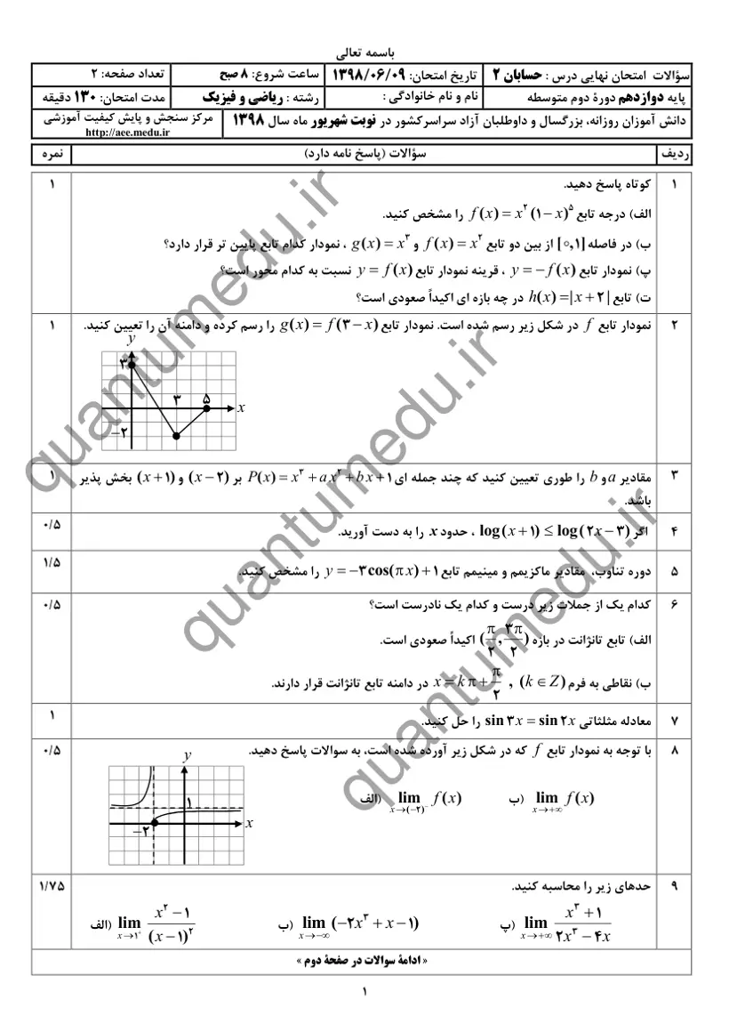 صفحهی اول سوالات امتحان نهایی حسابان ۲ دوازدهم رشته ریاضی شهریور ۱۳۹۸ با پاسخنامه