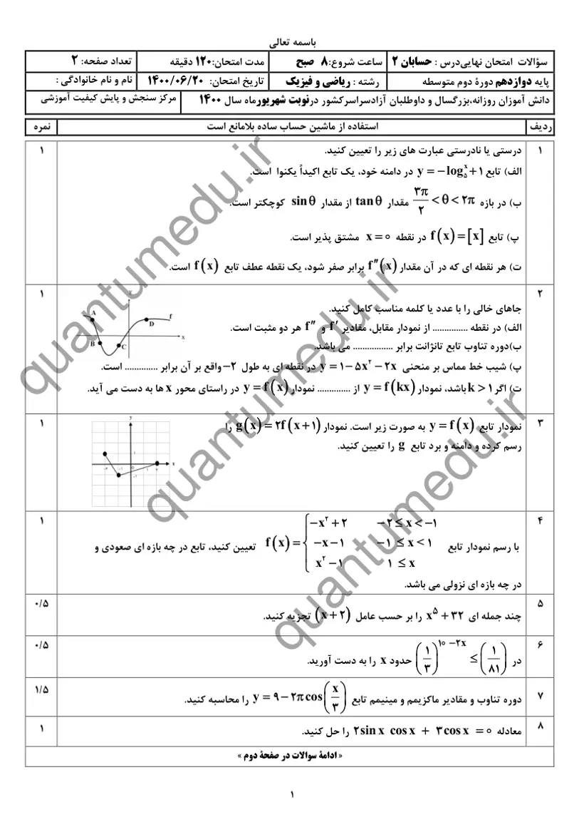 صفحهی اول سوالات امتحان نهایی حسابان ۲ دوازدهم رشته ریاضی شهریور ۱۴۰۰ با پاسخنامه