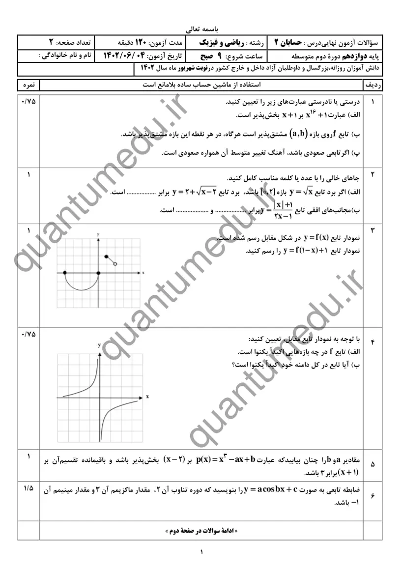 صفحهی اول سوالات امتحان نهایی حسابان ۲ دوازدهم رشته ریاضی شهریور ۱۴۰۲ با پاسخنامه