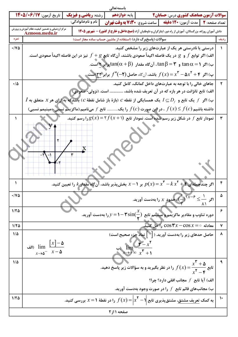 صفحه‌ی اول سوالات امتحان نهایی حسابان ۲ دوازدهم رشته ریاضی شهریور ۱۴۰۵ با پاسخنامه