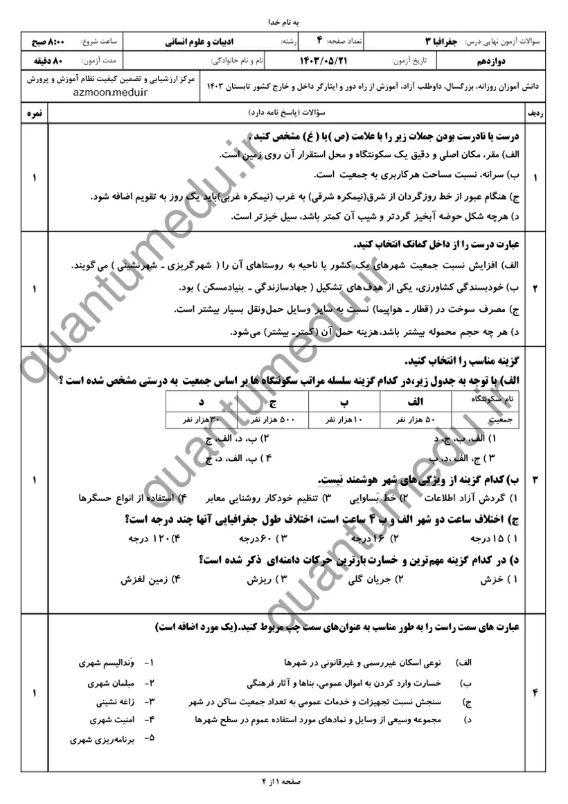 صفحه‌ی اول سوالات امتحان نهایی جغرافیا ۳ دوازدهم رشته انسانی شهریور ۱۴۰۳ با پاسخنامه