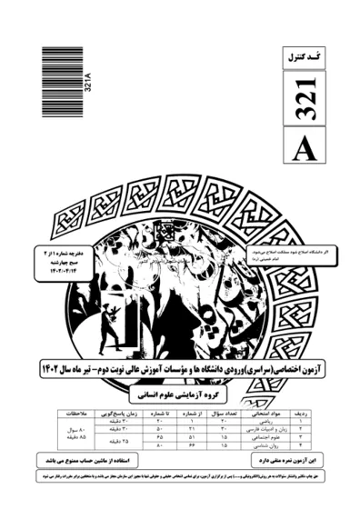 صفحه‌ی اول دفترچه سوالات کنکور سراسری انسانی ۱۴۰۲ تیر با پاسخنامه