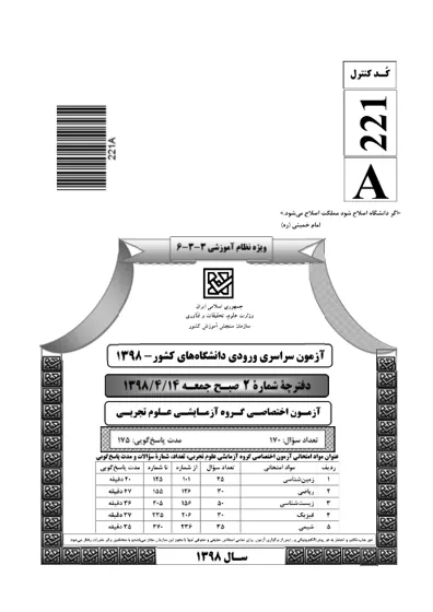 صفحه‌ی اول دفترچه سوالات کنکور سراسری تجربی ۱۳۹۸ با پاسخنامه