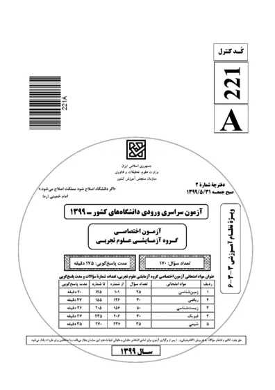 صفحه‌ی اول دفترچه سوالات کنکور سراسری تجربی ۱۳۹۹ با پاسخنامه