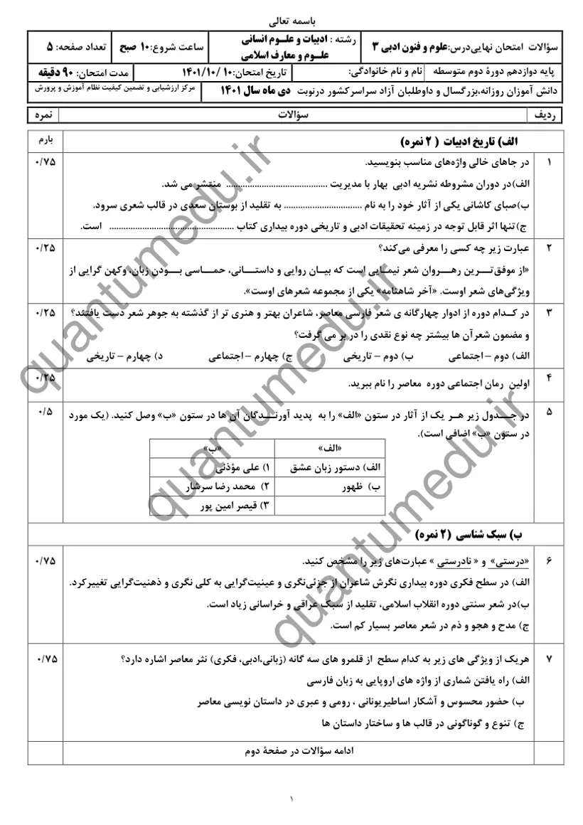 صفحهی اول سوالات امتحان نهایی علوم و فنون ادبی ۳ دوازدهم رشته انسانی دی ۱۴۰۱ با پاسخنامه