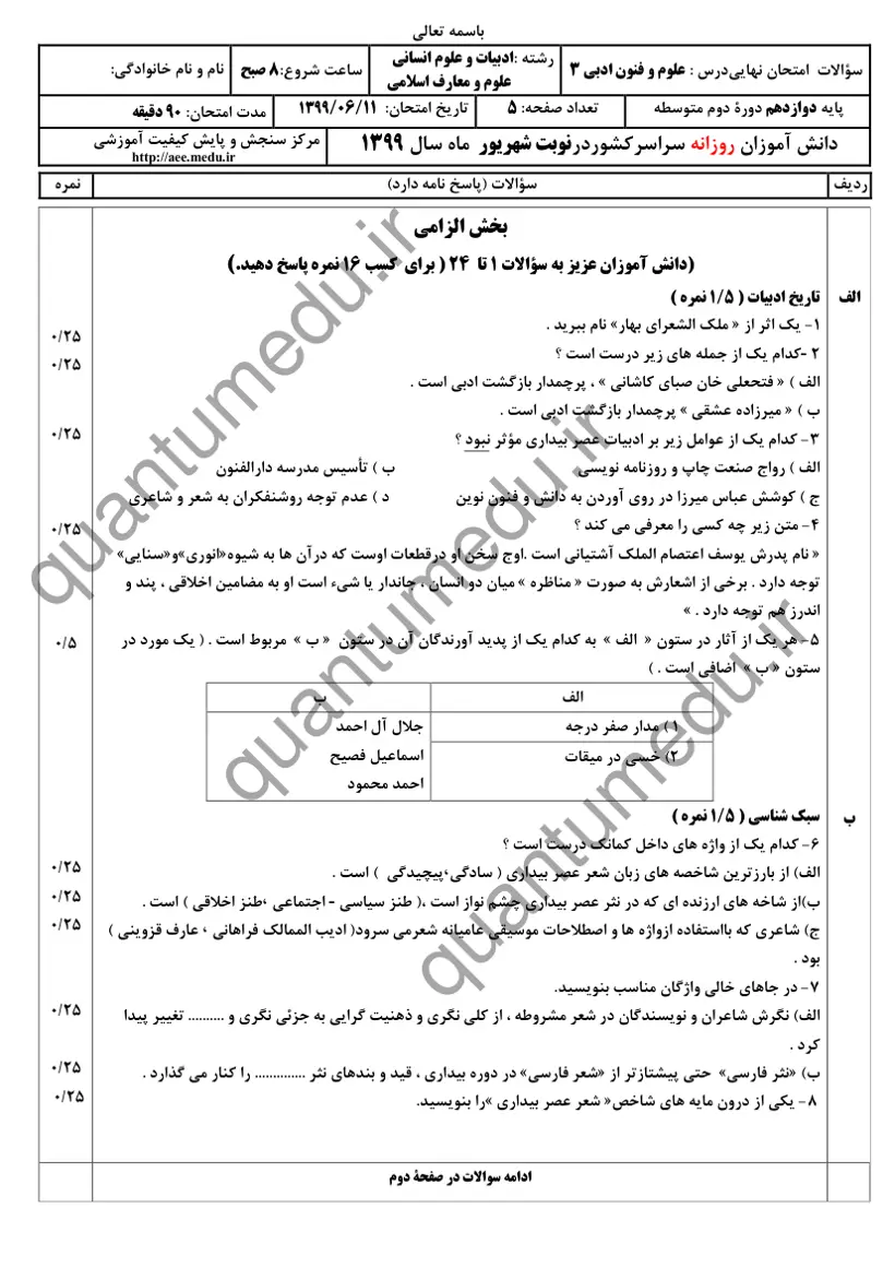 صفحهی اول سوالات امتحان نهایی علوم و فنون ادبی ۳ دوازدهم رشته انسانی شهریور ۱۳۹۹ با پاسخنامه