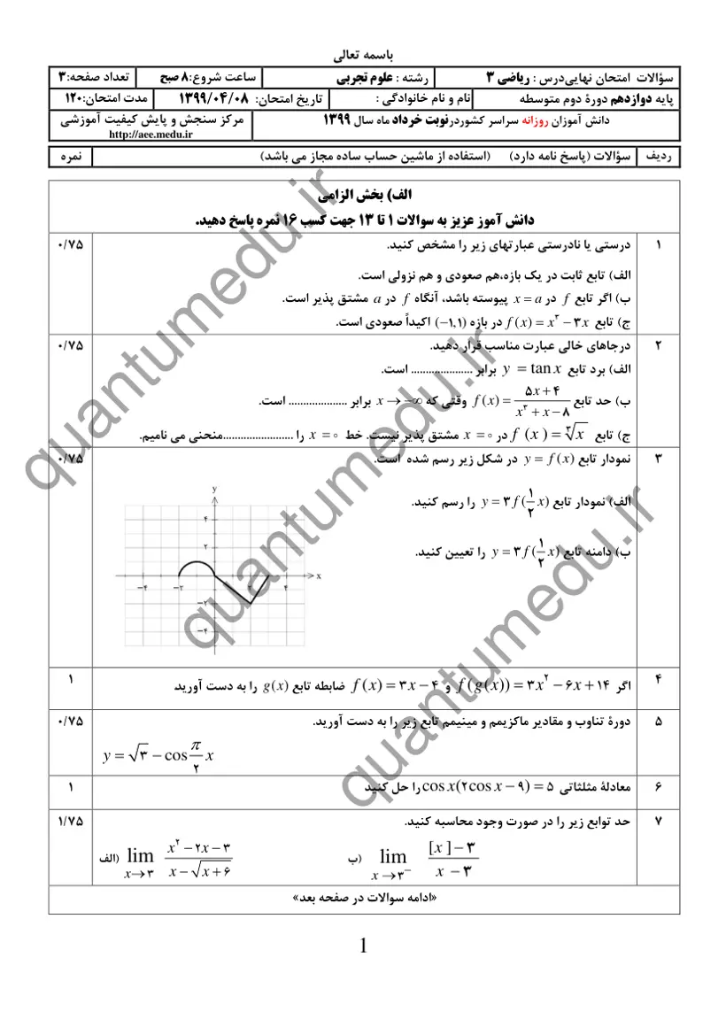 صفحهی اول سوالات امتحان نهایی ریاضی ۳ دوازدهم رشته تجربی خرداد ۱۳۹۹ با پاسخنامه