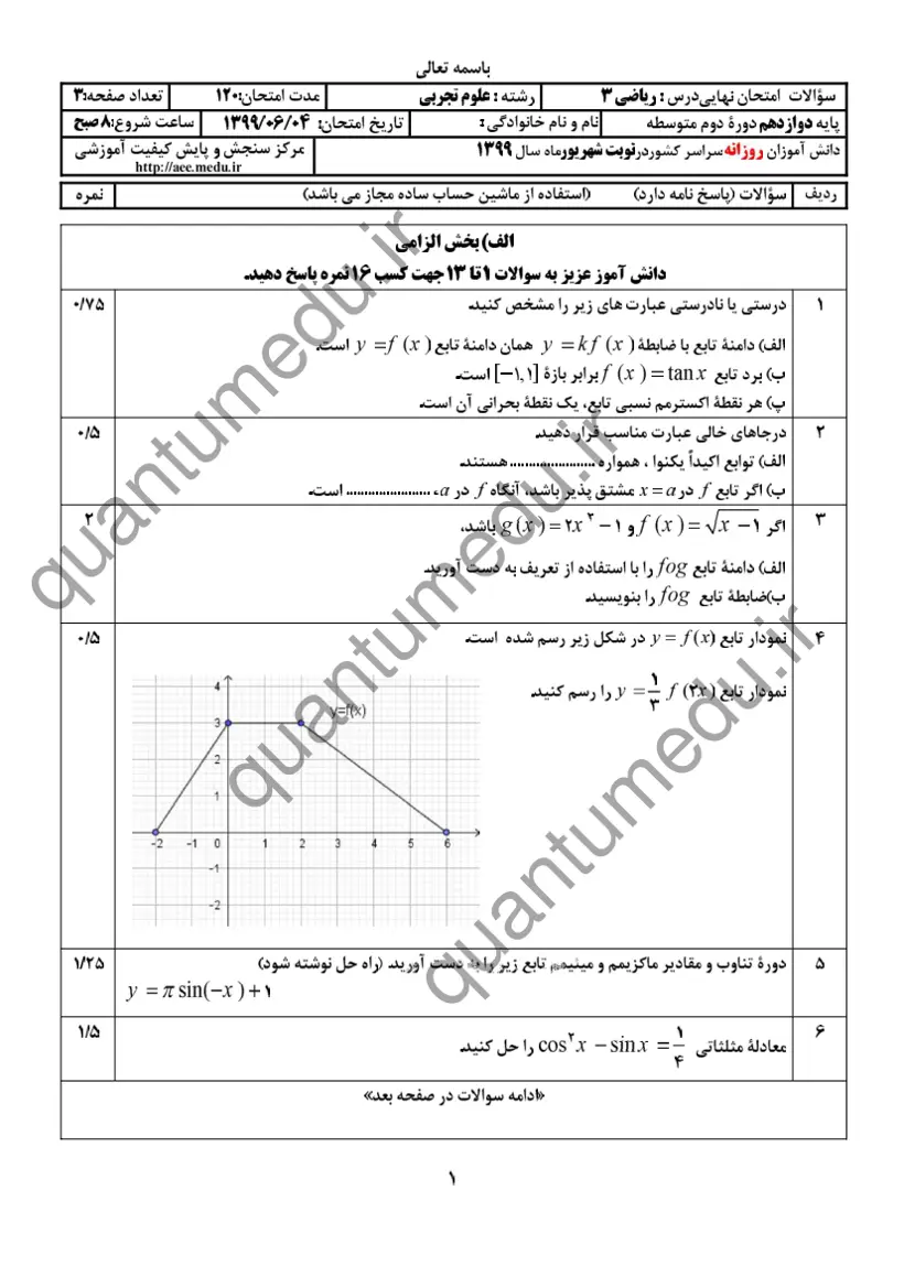صفحهی اول سوالات امتحان نهایی ریاضی ۳ دوازدهم رشته تجربی شهریور ۱۳۹۹ با پاسخنامه
