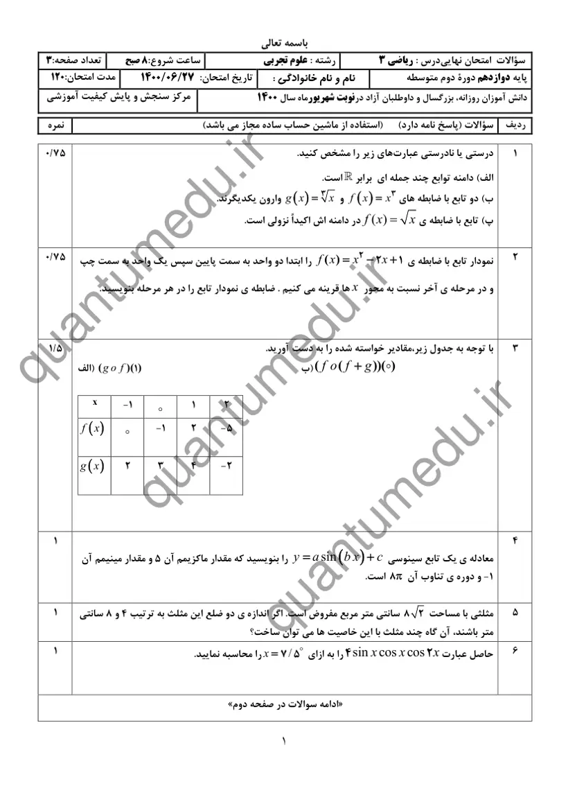 صفحهی اول سوالات امتحان نهایی ریاضی ۳ دوازدهم رشته تجربی شهریور ۱۴۰۰ با پاسخنامه