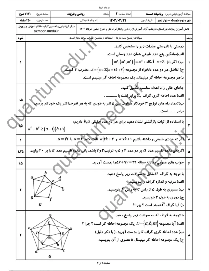 صفحهی اول سوالات امتحان نهایی ریاضیات گسسته دوازدهم رشته ریاضی خرداد ۱۴۰۳ با پاسخنامه