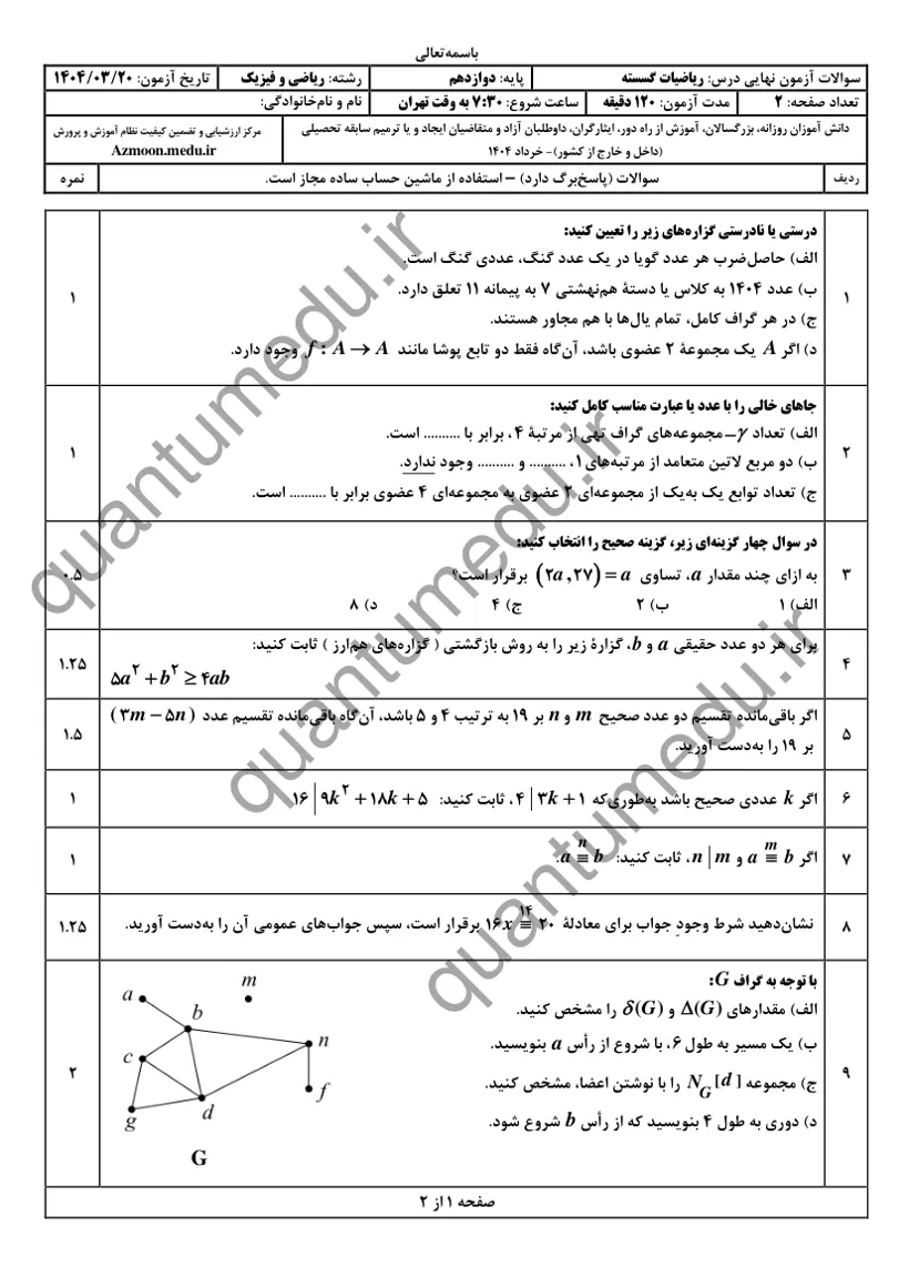صفحهی اول سوالات امتحان نهایی ریاضیات گسسته دوازدهم رشته ریاضی خرداد ۱۴۰۴ با پاسخنامه