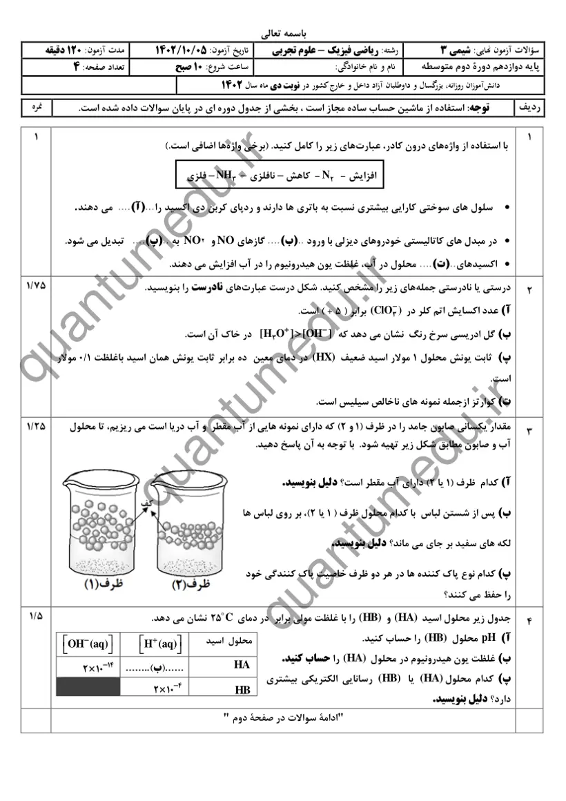صفحهی اول سوالات امتحان نهایی شیمی ۳ دوازدهم رشته تجربی دی ۱۴۰۲ با پاسخنامه