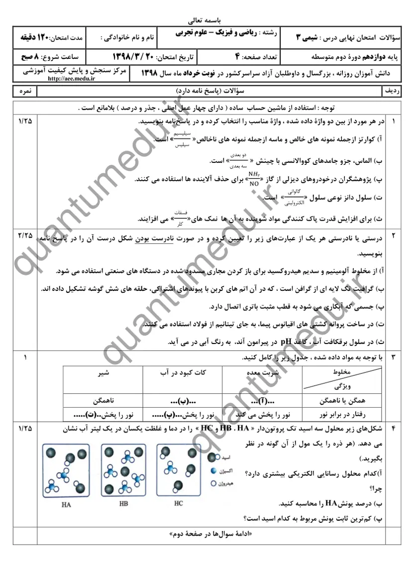 صفحهی اول سوالات امتحان نهایی شیمی ۳ دوازدهم رشته تجربی خرداد ۱۳۹۸ با پاسخنامه