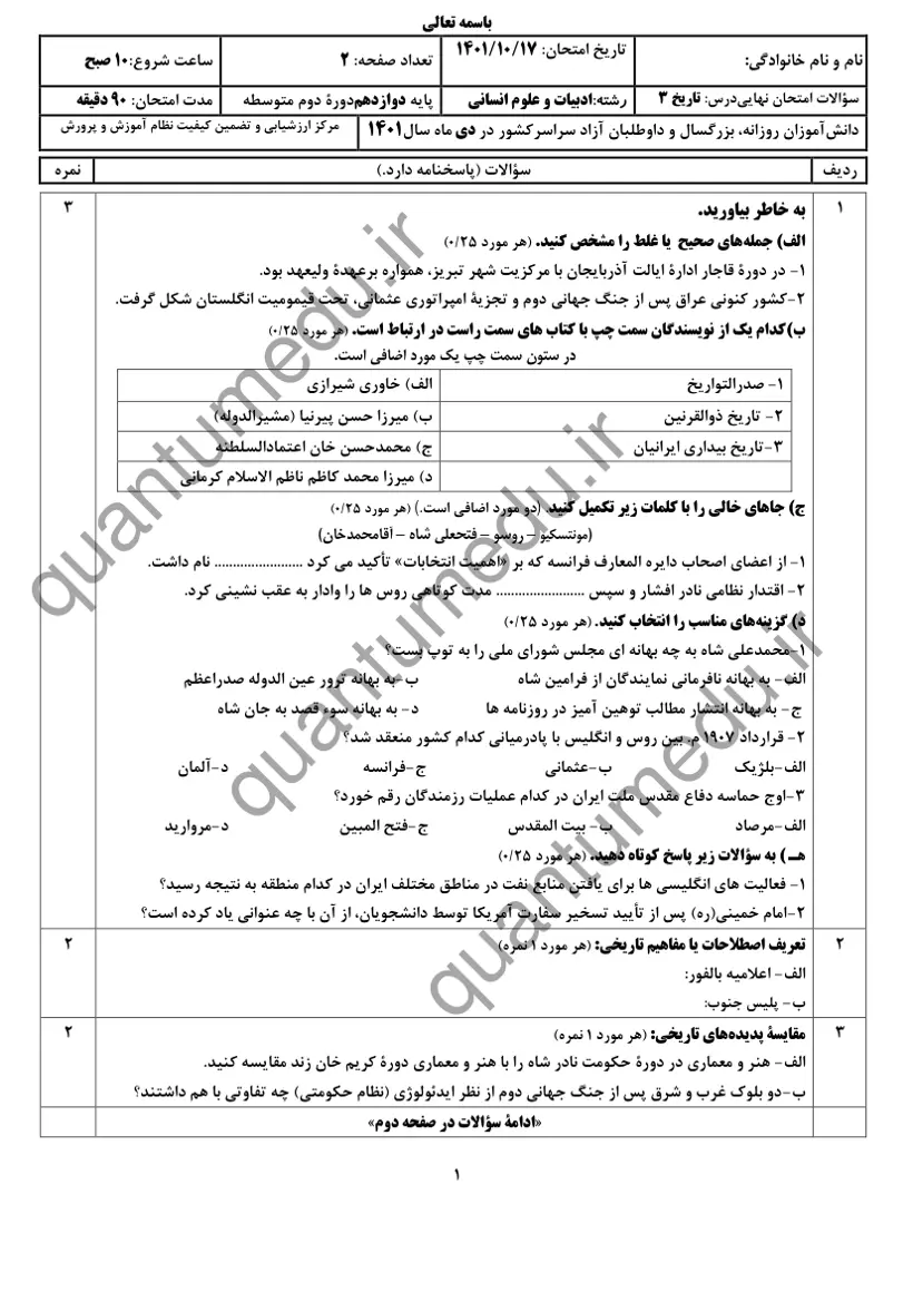 صفحه‌ی اول سوالات امتحان نهایی تاریخ ۳ دوازدهم رشته انسانی دی ۱۴۰۱ با پاسخنامه